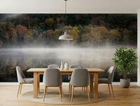 Lush forest with foggy lake Enchanted Woodland Mist Reflection wall art.