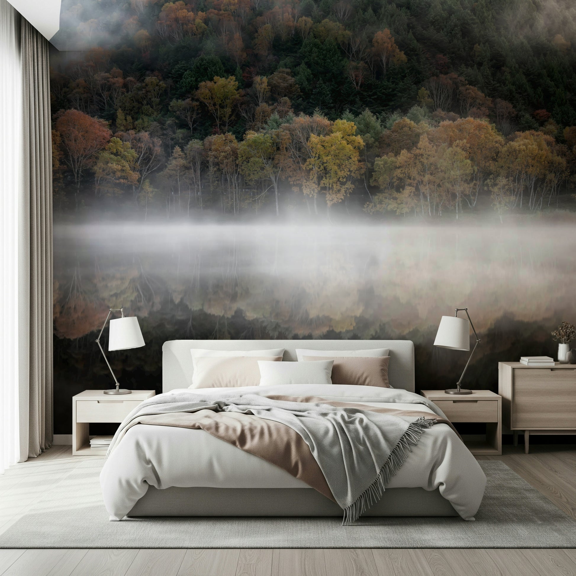Quiet waters, colorful backdrop Enchanted Woodland Mist Reflection wall adornment.