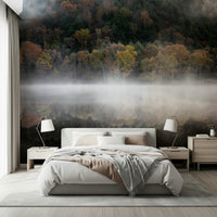 Quiet waters, colorful backdrop Enchanted Woodland Mist Reflection wall adornment.