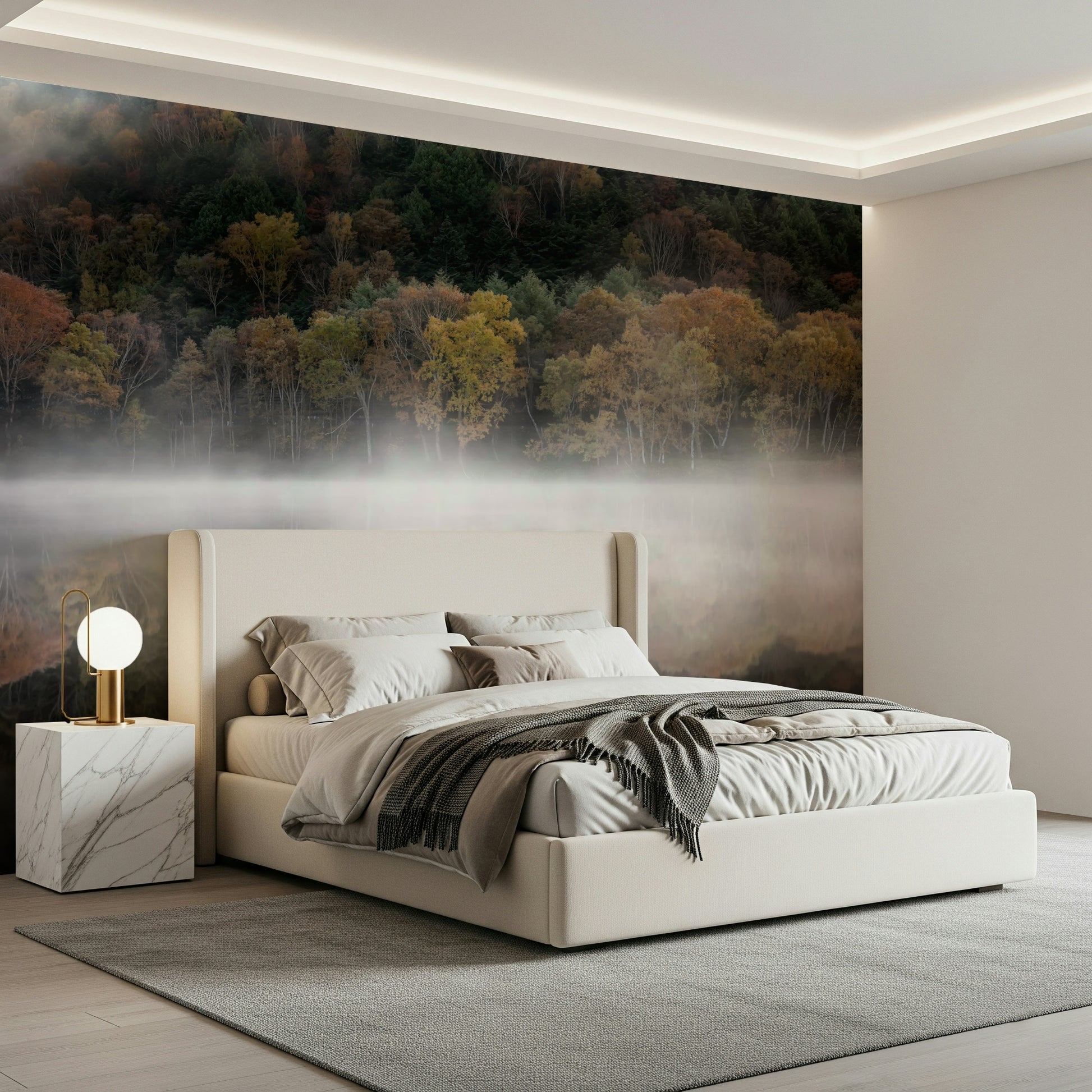 Radiant autumn hues over fog Enchanted Woodland Mist Reflection wall poster.