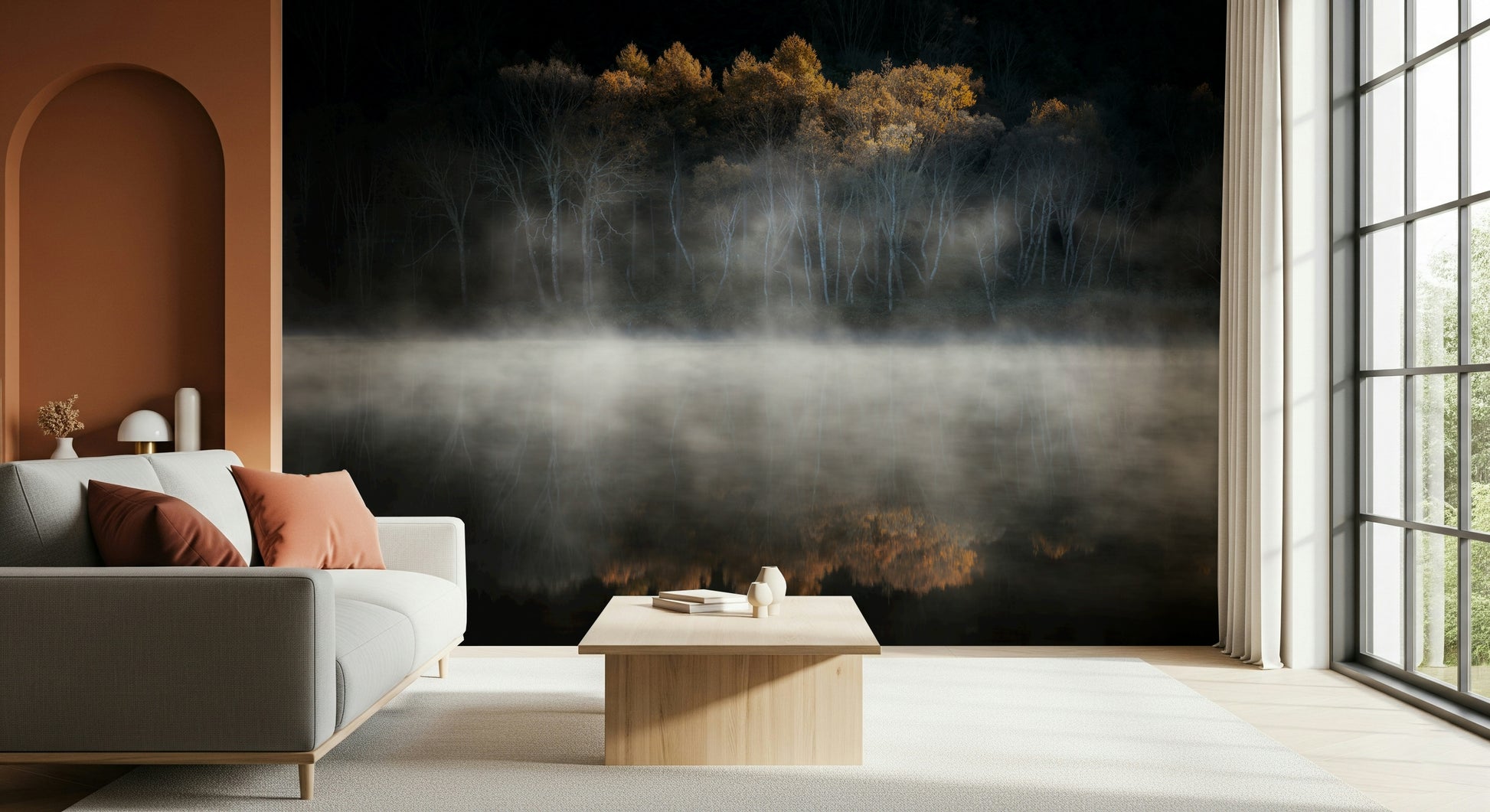 Ethereal fog hugging lake shore Golden Woodland Solitude feature wallpaper.