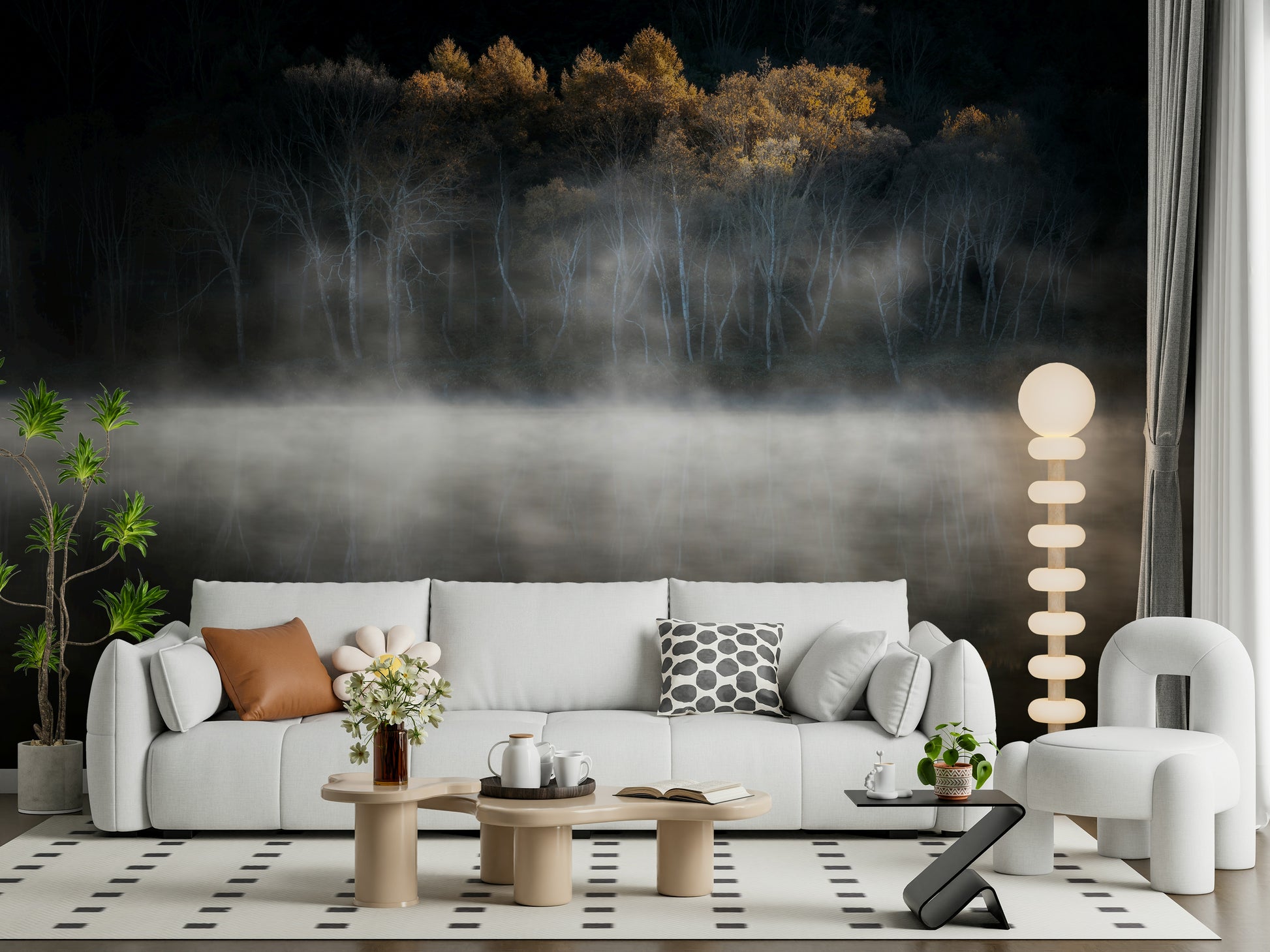 Low fog concealing water surface Golden Woodland Solitude wallcovering print.