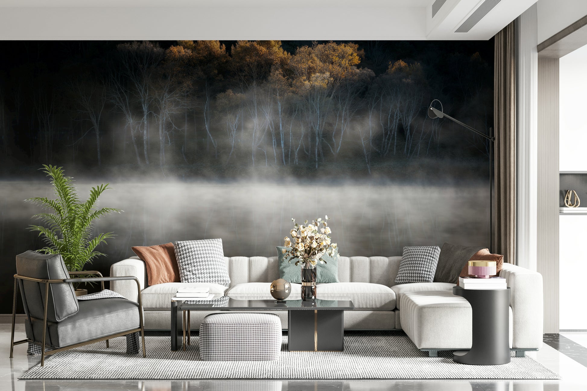 Brilliant autumn foliage shimmer Golden Woodland Solitude accent wall mural.