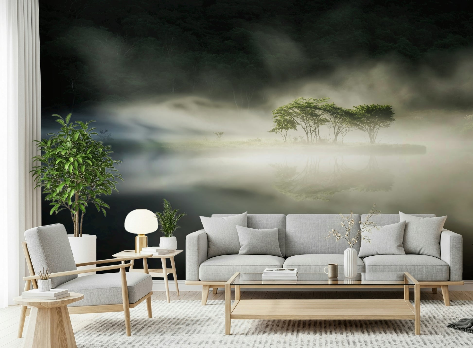 Shimmering soft light Woodland Veil landscape decor mural.
