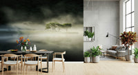 Misty sunrise Woodland Veil wallpaper: serene foggy landscape reflection.