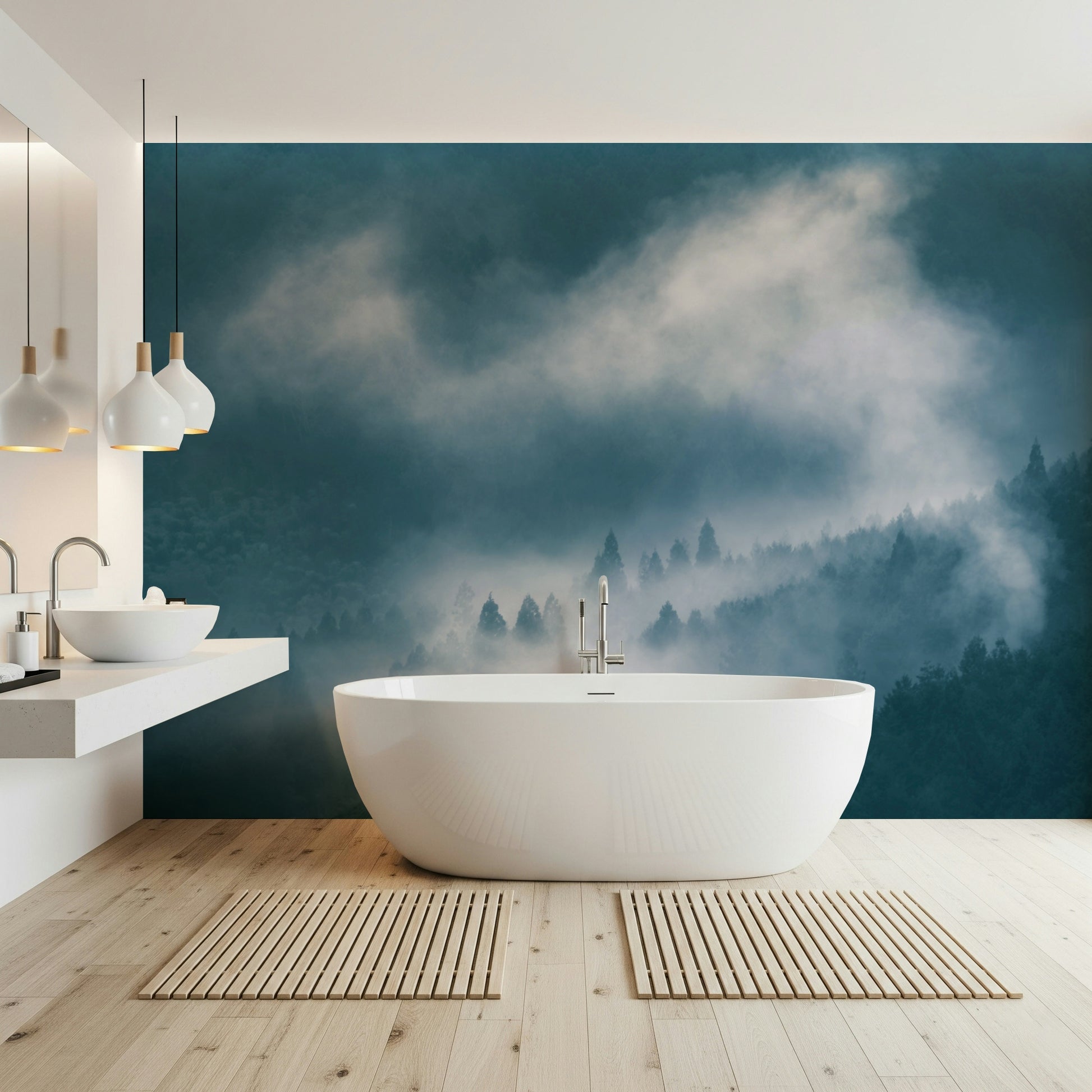 Wall mural, deep indigo woodland sentinels mysterious.