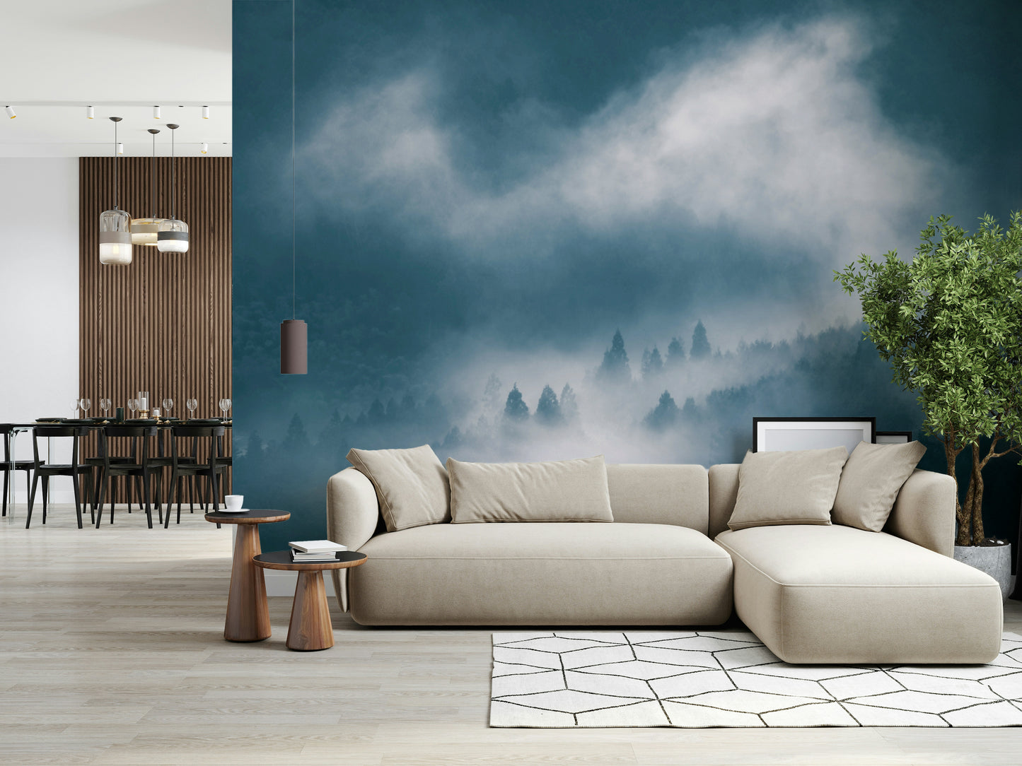 Indigo Woodland Sentinel wallpaper dense canopy cloudy atmosphere.