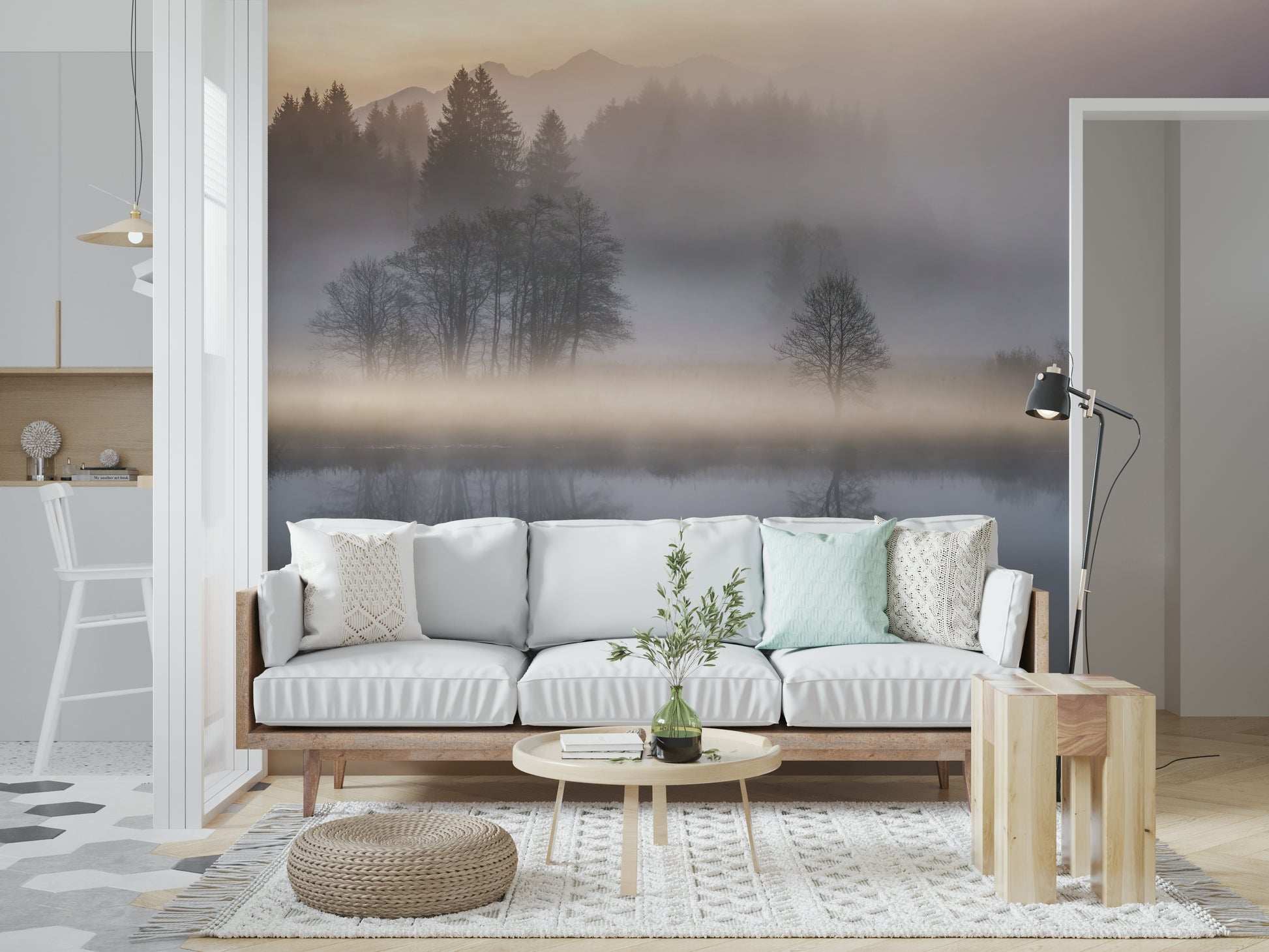 Silent, dreamy waterscape wallpaper called Woodland Dawn Reflection art.