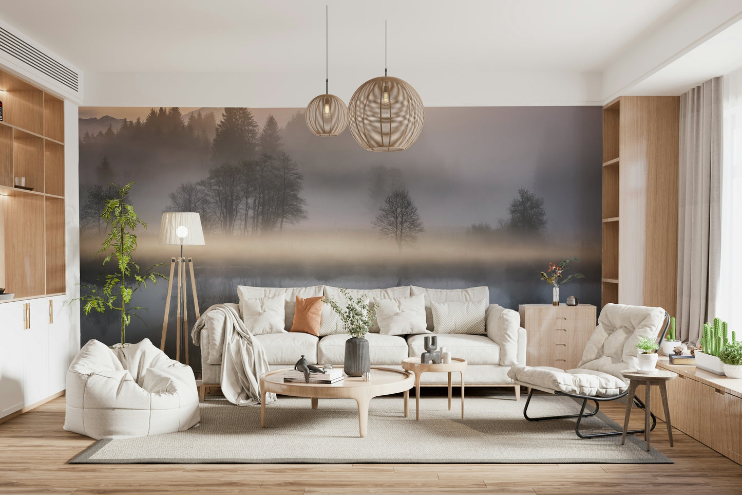 Calm, foggy morning landscape wallpaper of Woodland Dawn Reflection design.