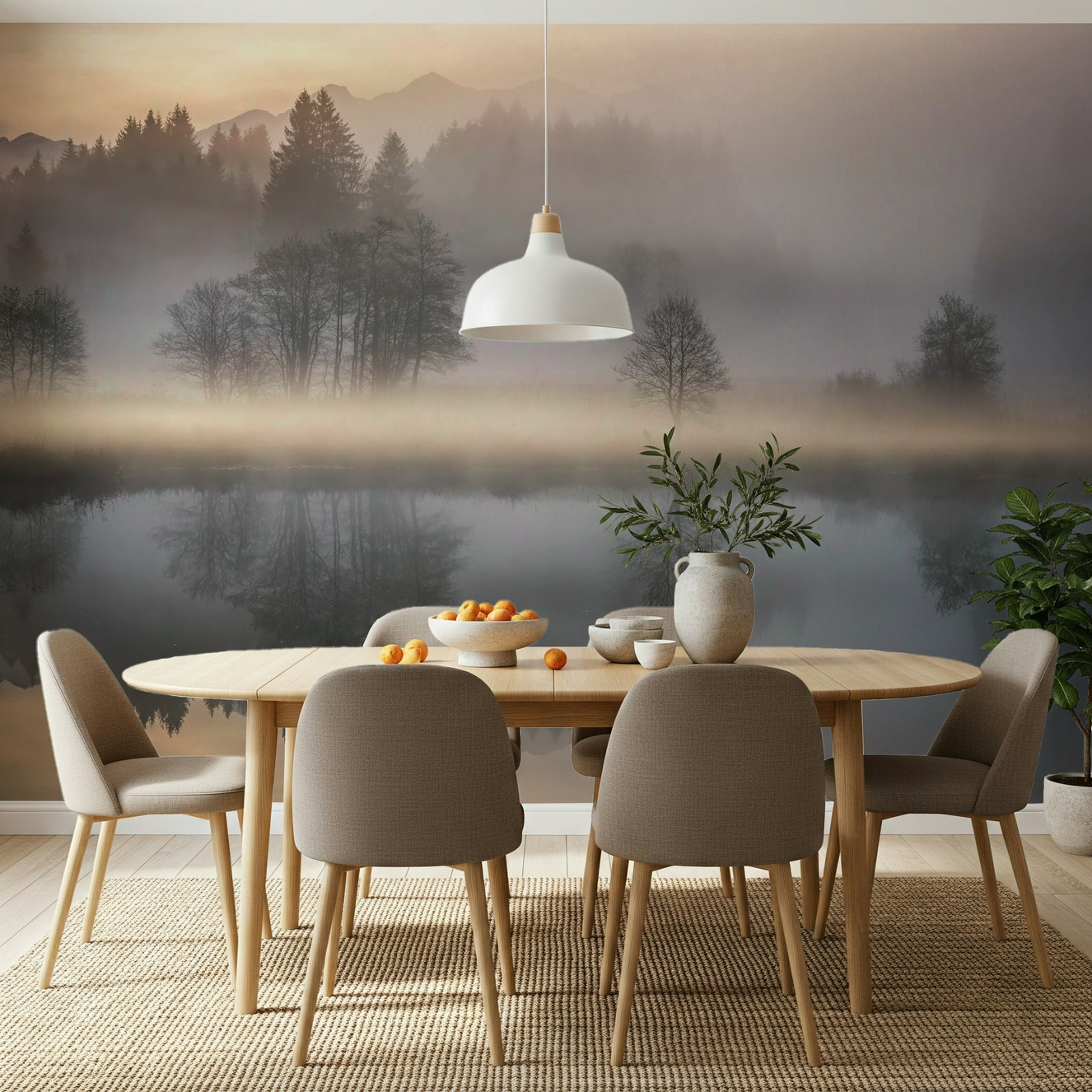Woodland Dawn Reflection lake mural, serene fog and warm sunrise.