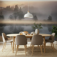 Woodland Dawn Reflection lake mural, serene fog and warm sunrise.