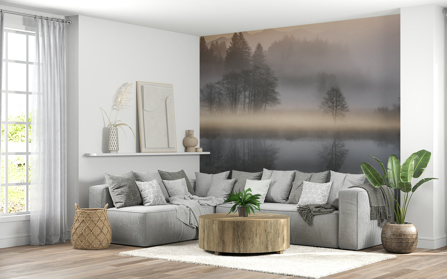 Soft, golden light over water mural, showcasing Woodland Dawn Reflection beauty.