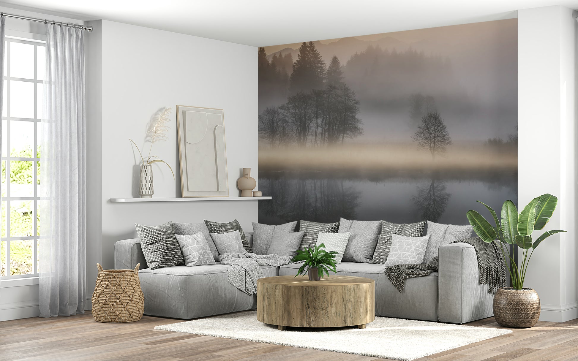 Soft, golden light over water mural, showcasing Woodland Dawn Reflection beauty.