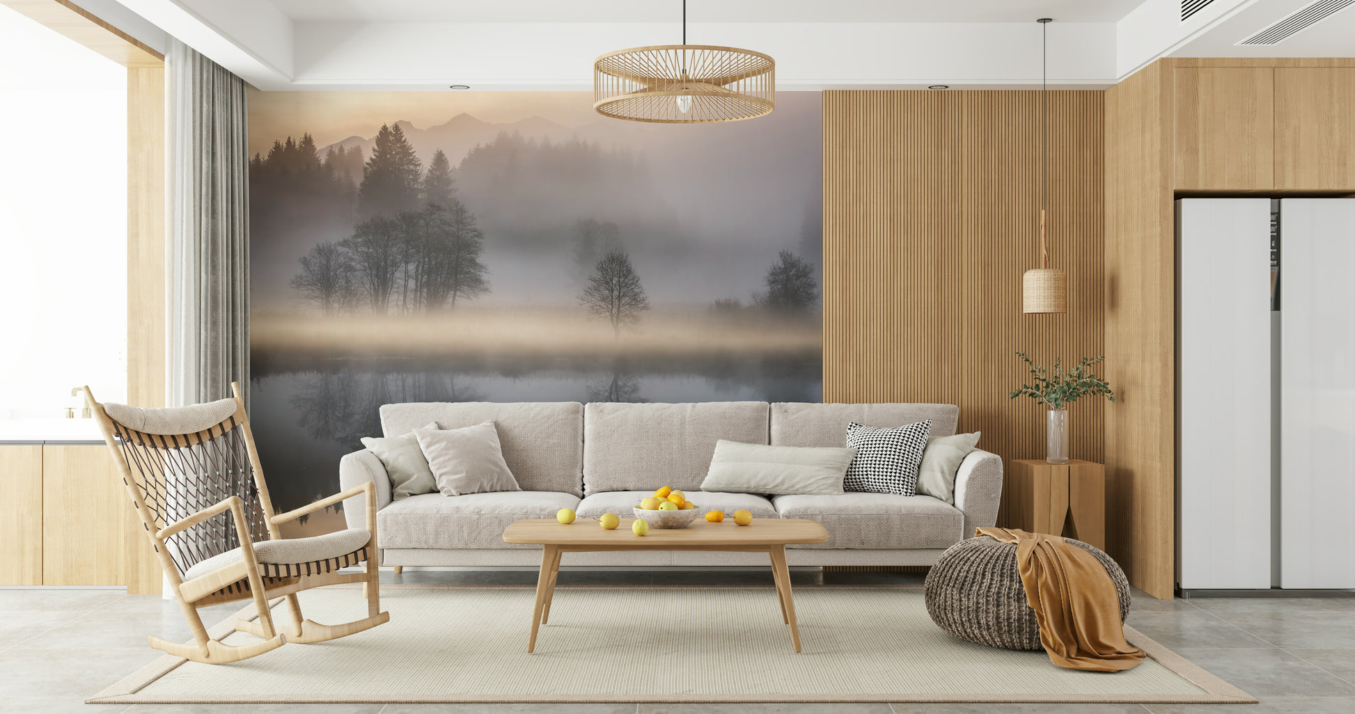 Diffused sun over mountain lake wallpaper featuring Woodland Dawn Reflection.