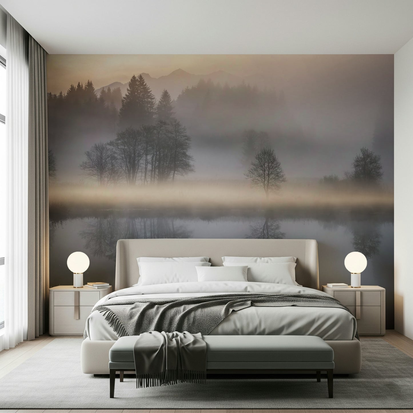 Misty meadow and bare trees mural, an elegant Woodland Dawn Reflection print.