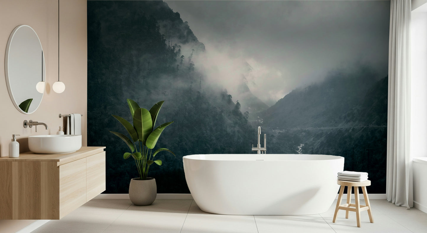 Gloomy, beautiful ravine wallpaper, a bold Misty Woodland Cascade statement.