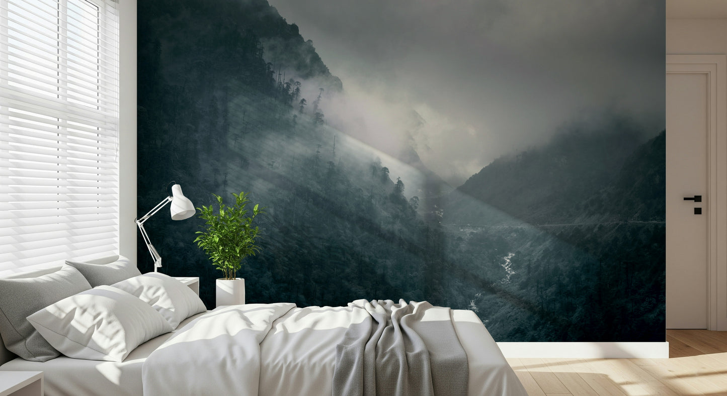 Gray fog and remote waterway wallpaper featuring Misty Woodland Cascade theme.