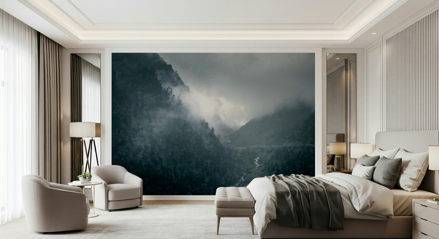 Monochromatic forest ambiance wallpaper, showcasing the Misty Woodland Cascade.