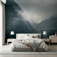 Shrouded trees and cascading creek mural of Misty Woodland Cascade art.