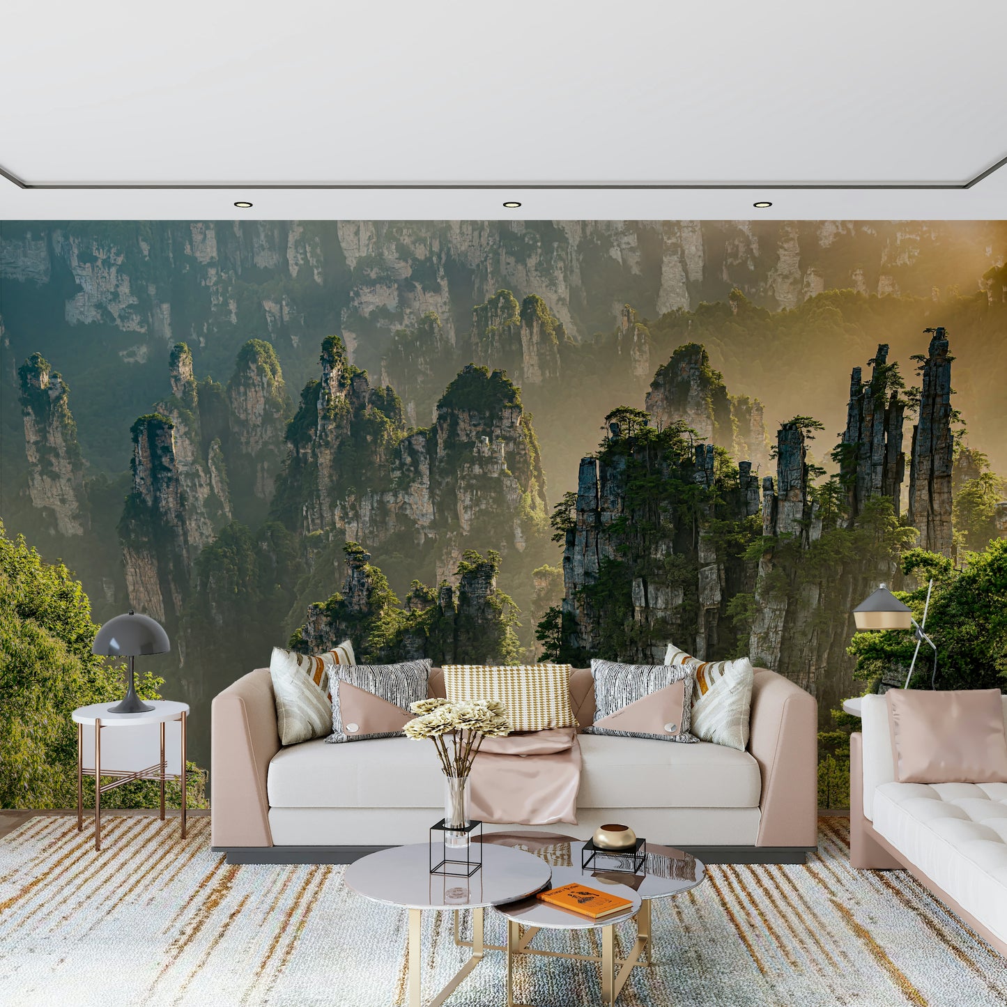 Magical mountain mural named Floating Woodland, epic and glorious.