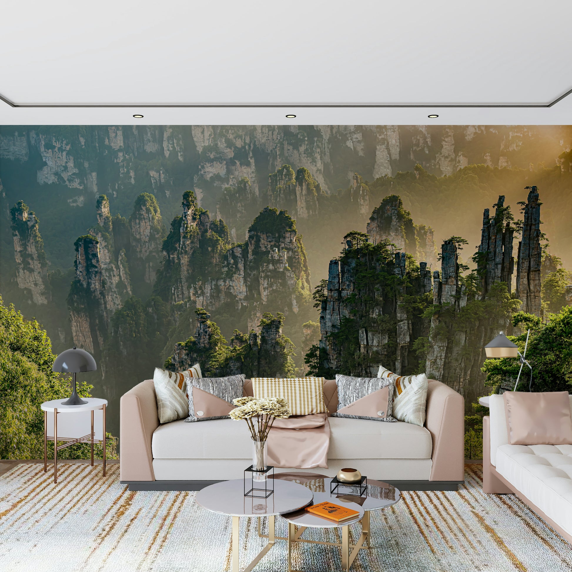 Magical mountain mural named Floating Woodland, epic and glorious.