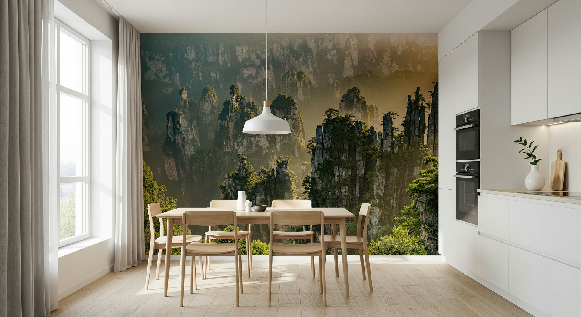 Floating Woodland Peaks mural, ancient mountains rising through mist.