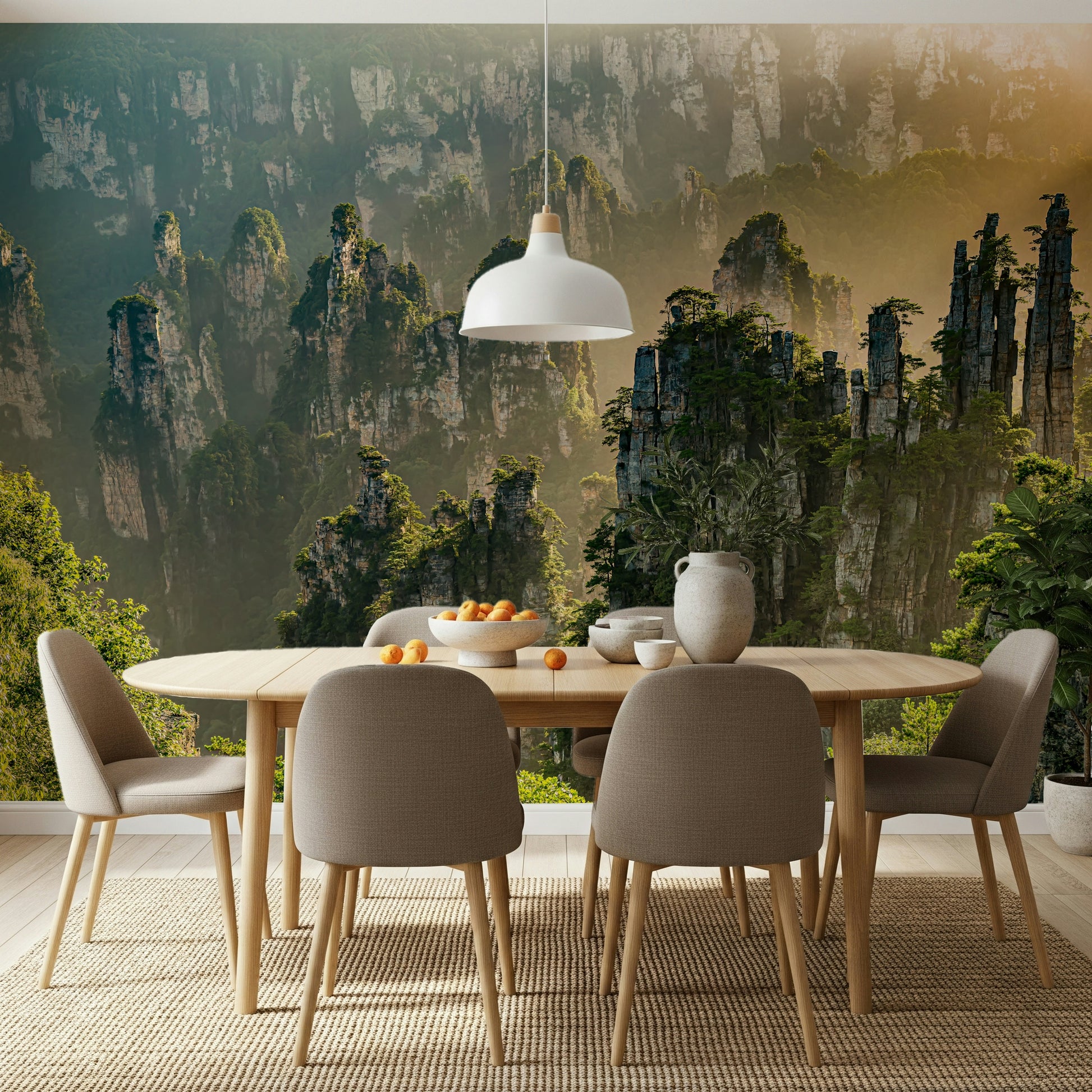Iconic Floating Woodland Peaks mural, artistic Asian landscape design.