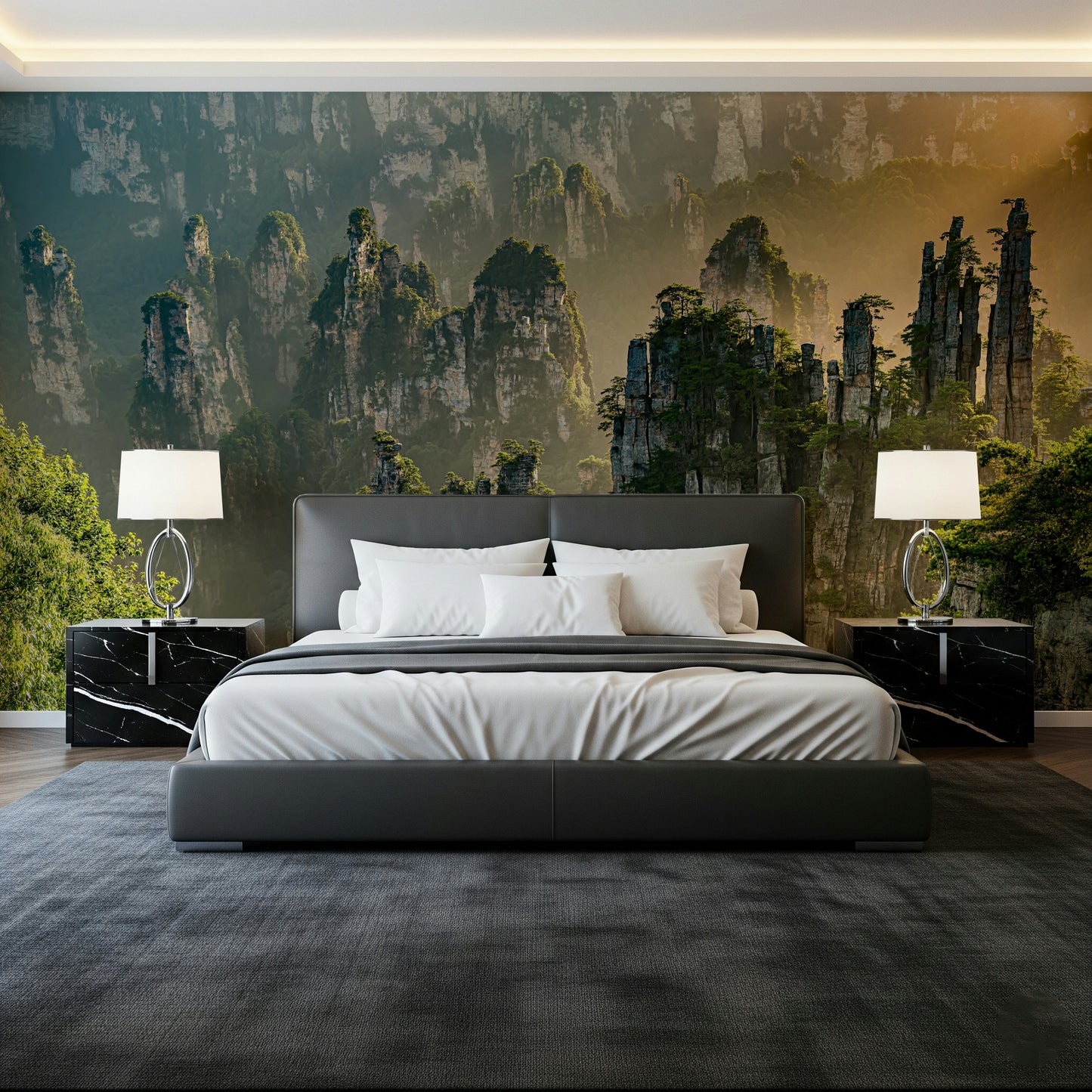 Breathtaking Woodland Peaks mural of amazing, mist-shrouded peaks.