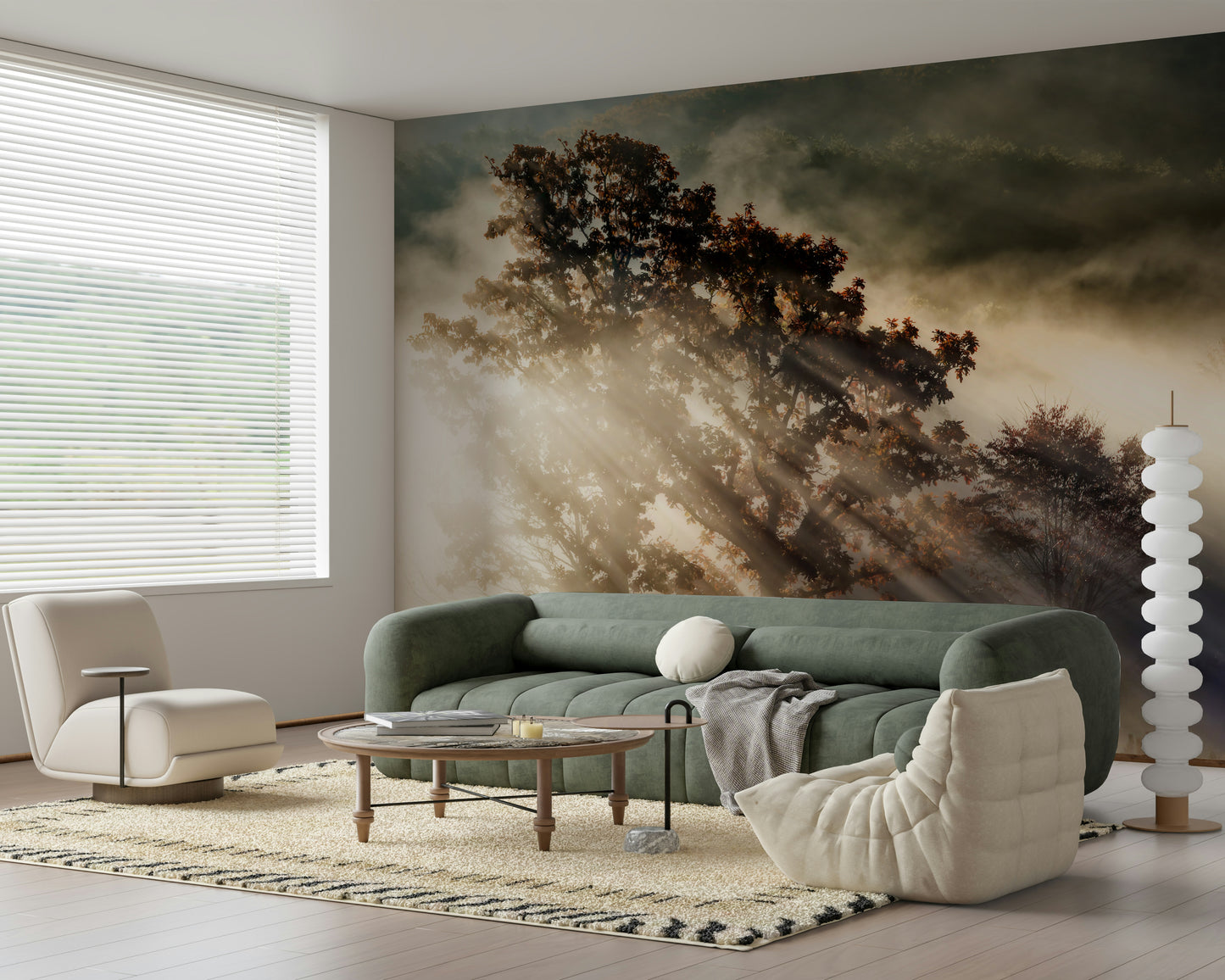 Woodland Glory wallpaper with dramatic morning sun and misty trees.