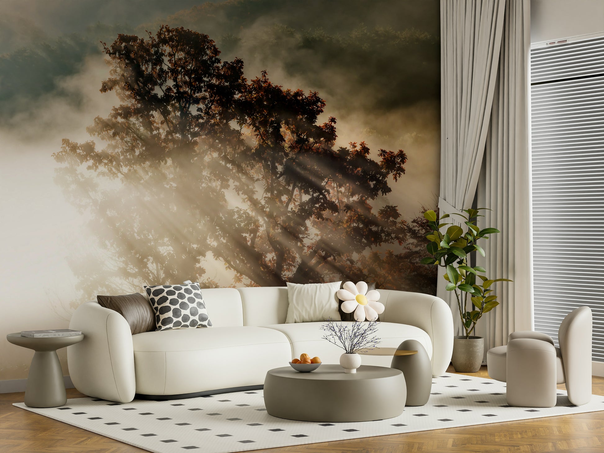 Dazzling Woodland Glory wall mural with sunbeams and hazy woodland.