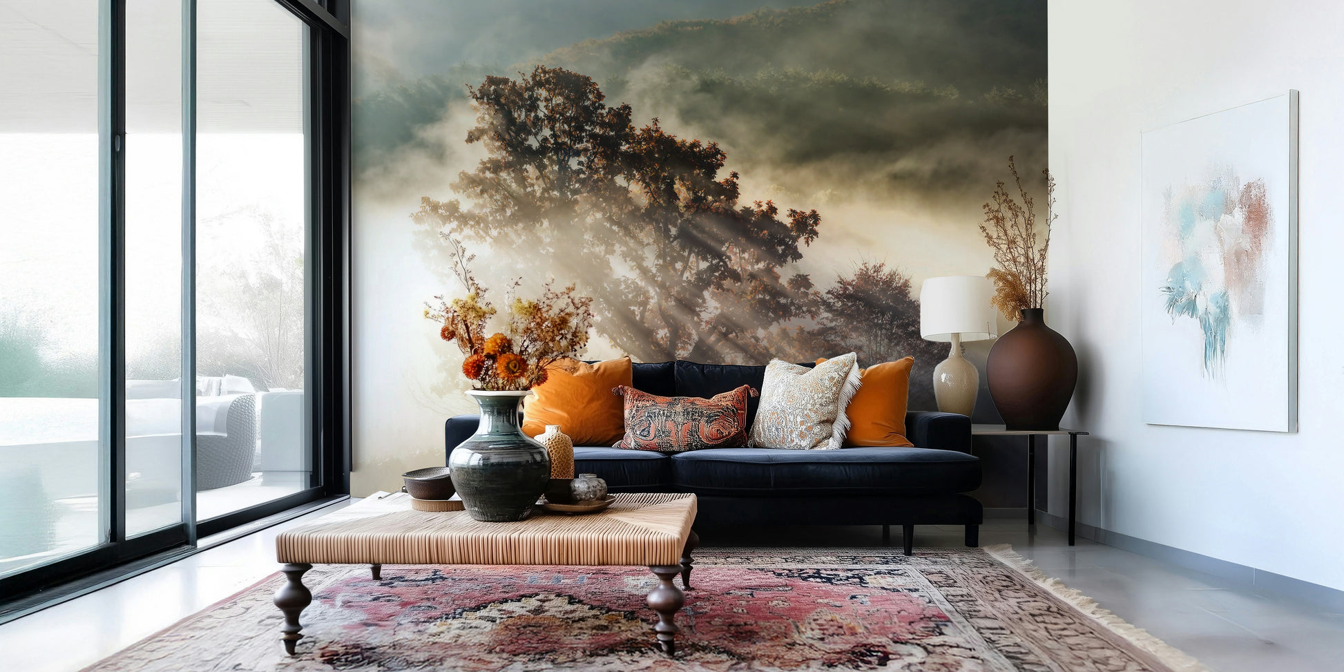 Ethereal Sunbeam forest mural capturing mystical, glorious light shafts.