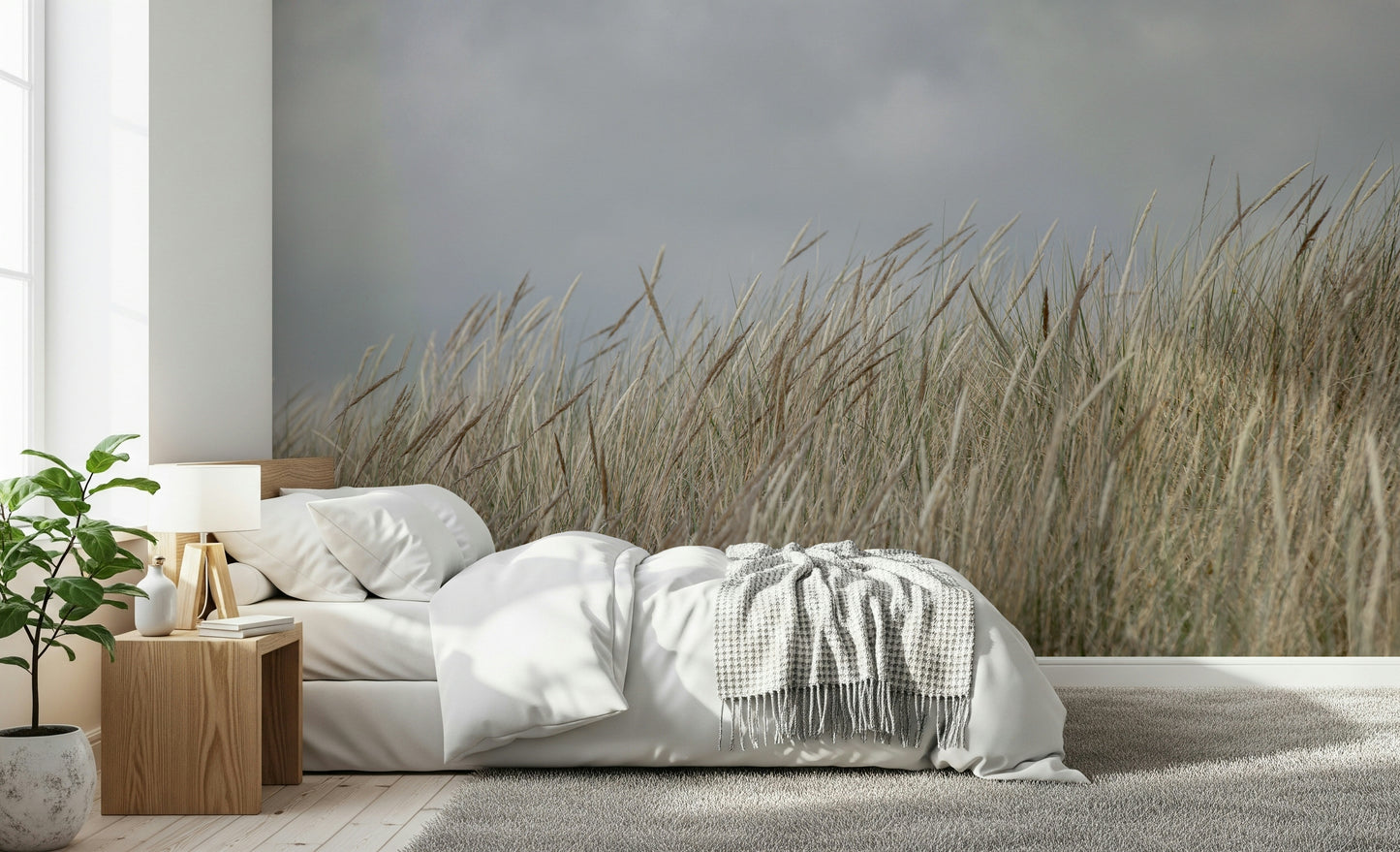 Rustic Dune Grass wallpaper, flowing earth tones, peaceful installation.