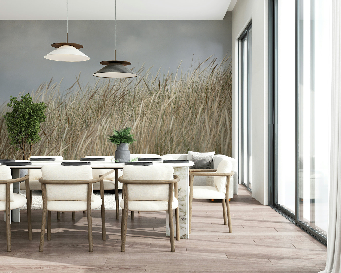 Woodland Grass wall mural, natural tan texture, light serene landscape.