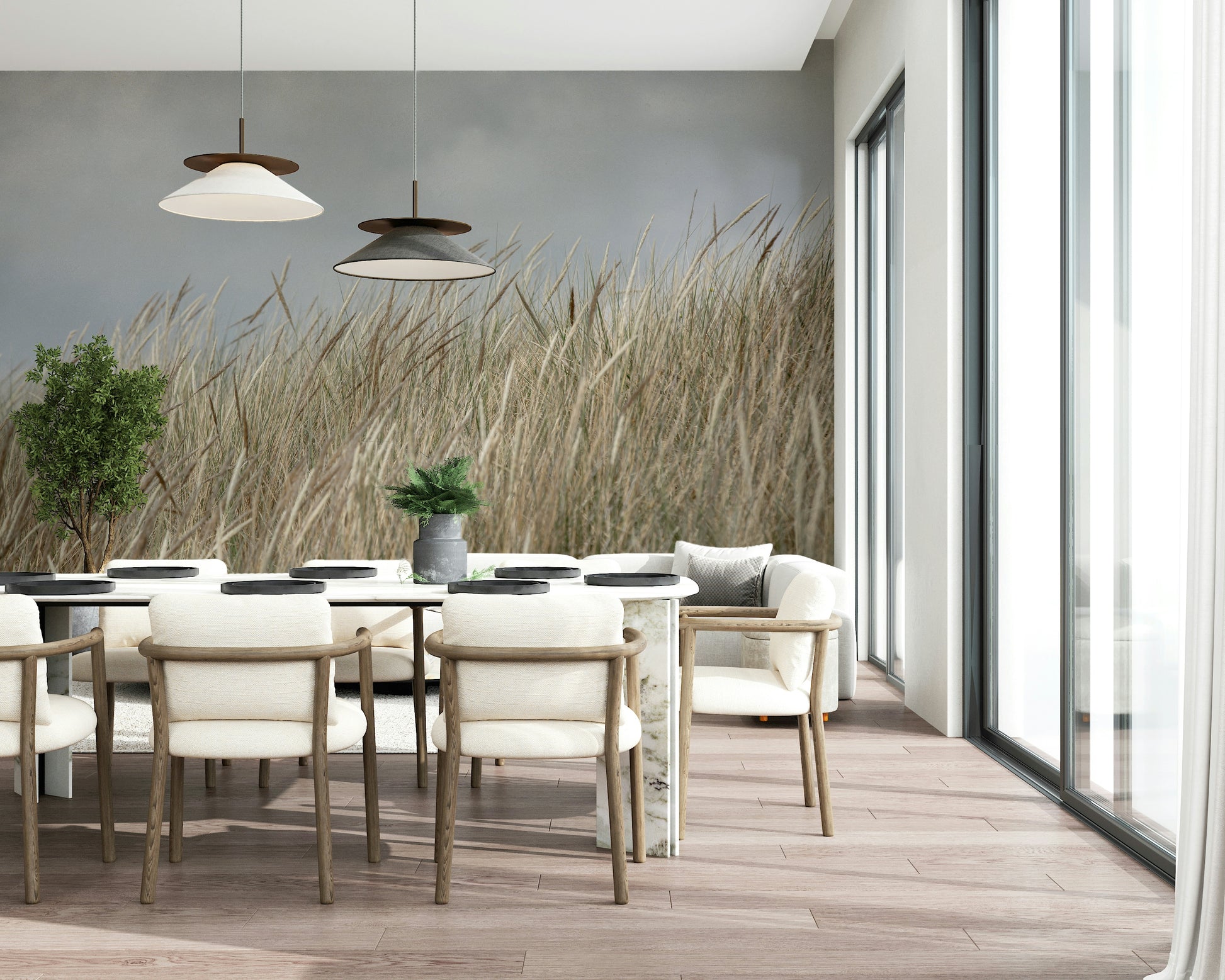Woodland Grass wall mural, natural tan texture, light serene landscape.