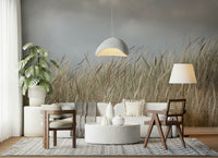 Serene Woodland Grass mural, delicate golden plumes, tranquil decor.