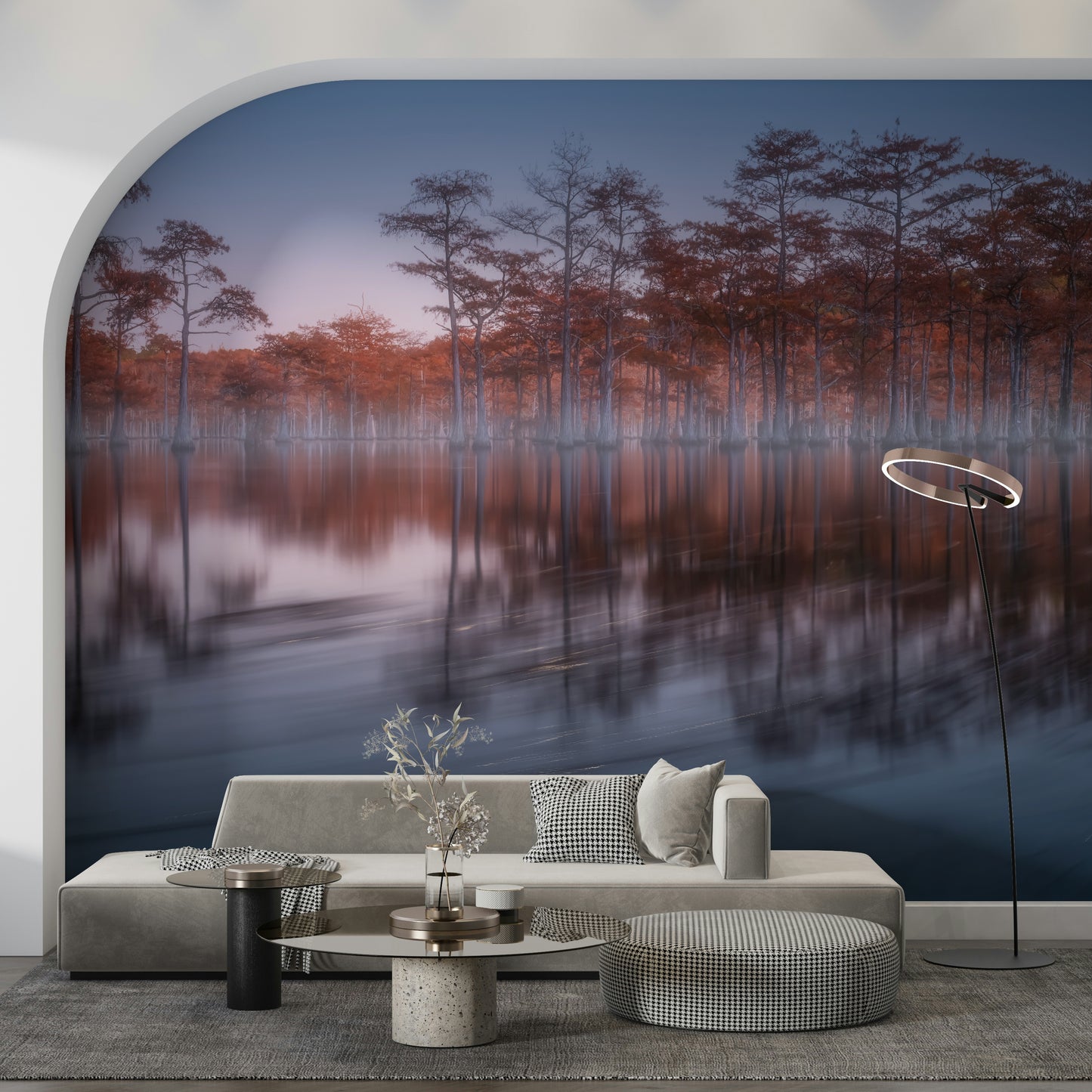 Atmospheric Woodland mural, forest reflected in water, tranquil setting, gorgeous colors.