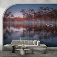 Atmospheric Woodland mural, forest reflected in water, tranquil setting, gorgeous colors.