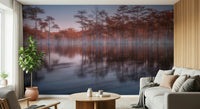 Artistic Woodland wall mural, reflective water surface, peaceful natural environment, long exposure.