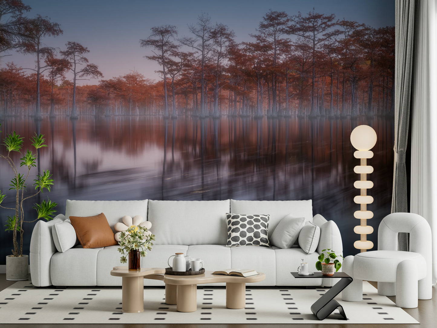 Twilight Lagoon wallpaper, cypress trees, misty lake, deep blue sky, stunning colors.