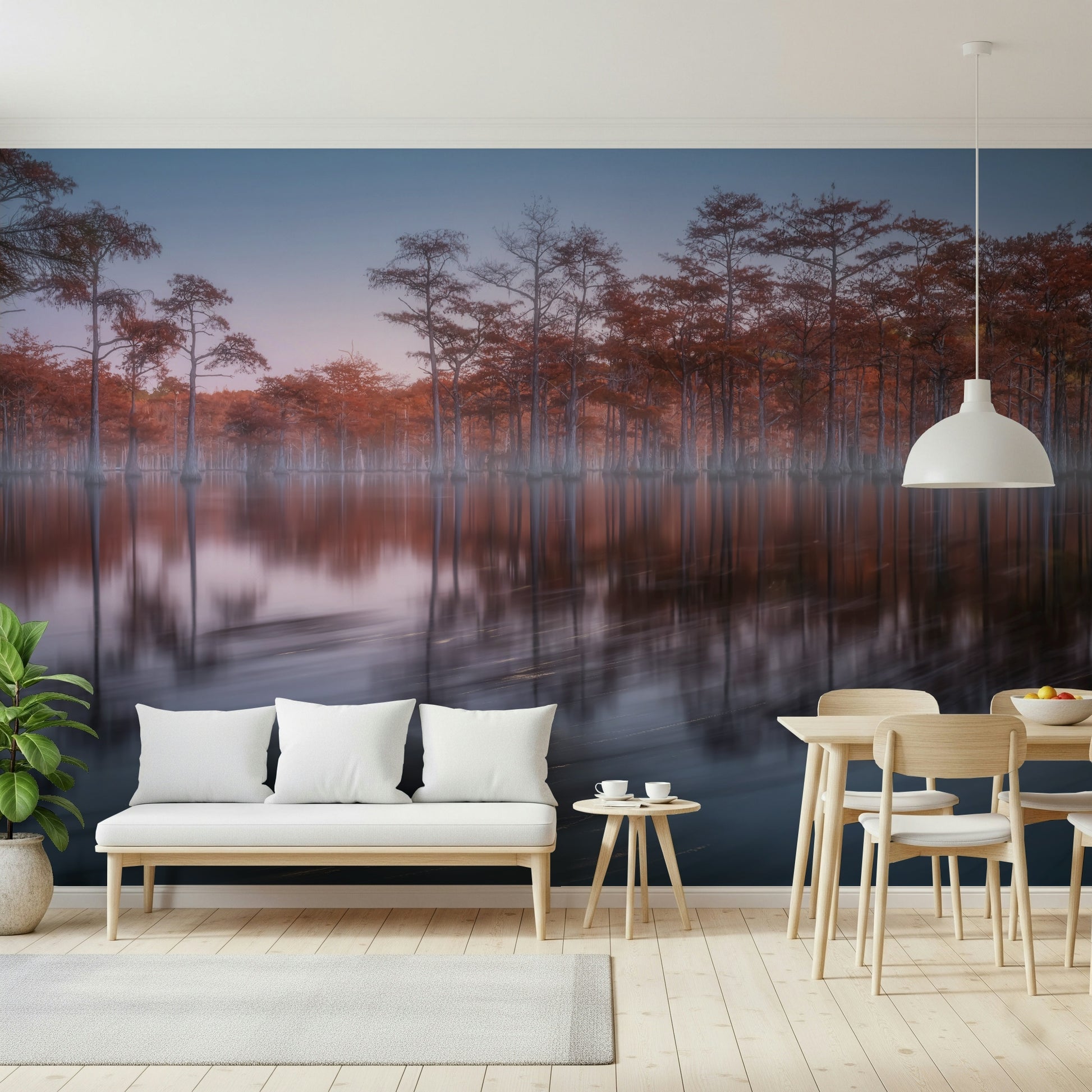 Peaceful Twilight Lagoon wallpaper, still water, colorful woodland, relaxing bedroom decor.