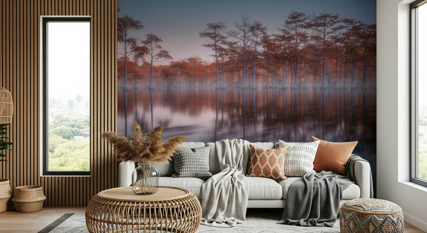 Ethereal Twilight Lagoon wallpaper, sunset glow, colorful foliage, beautiful nature scene.