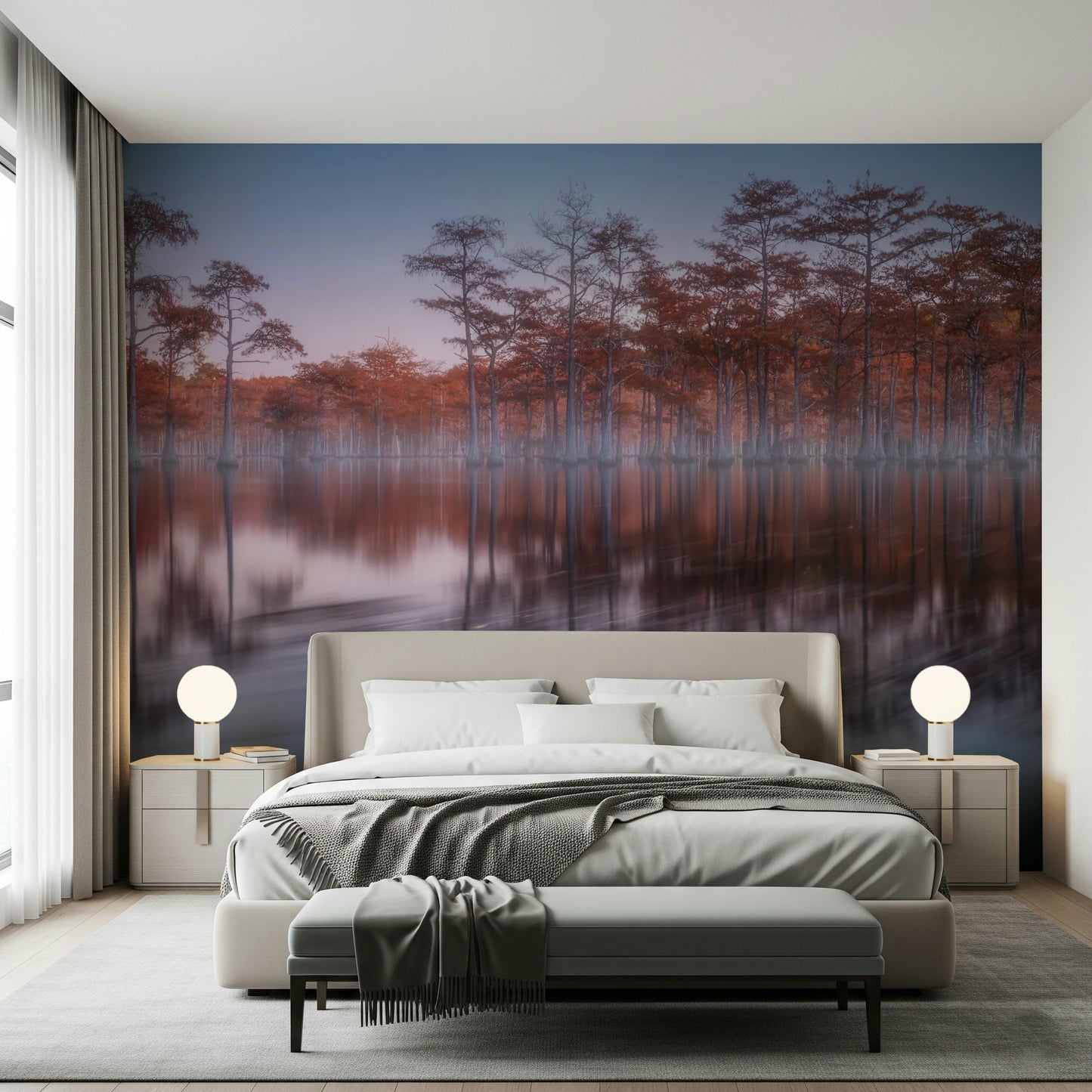 Modern Twilight Lagoon wallpaper, orange red trees, misty atmosphere, calming image.