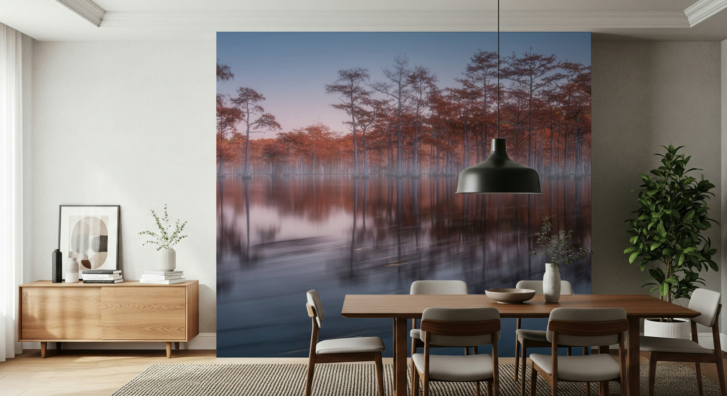 Luxurious Twilight Lagoon wallpaper, autumn trees, beautiful sunset lighting, impressive depth.
