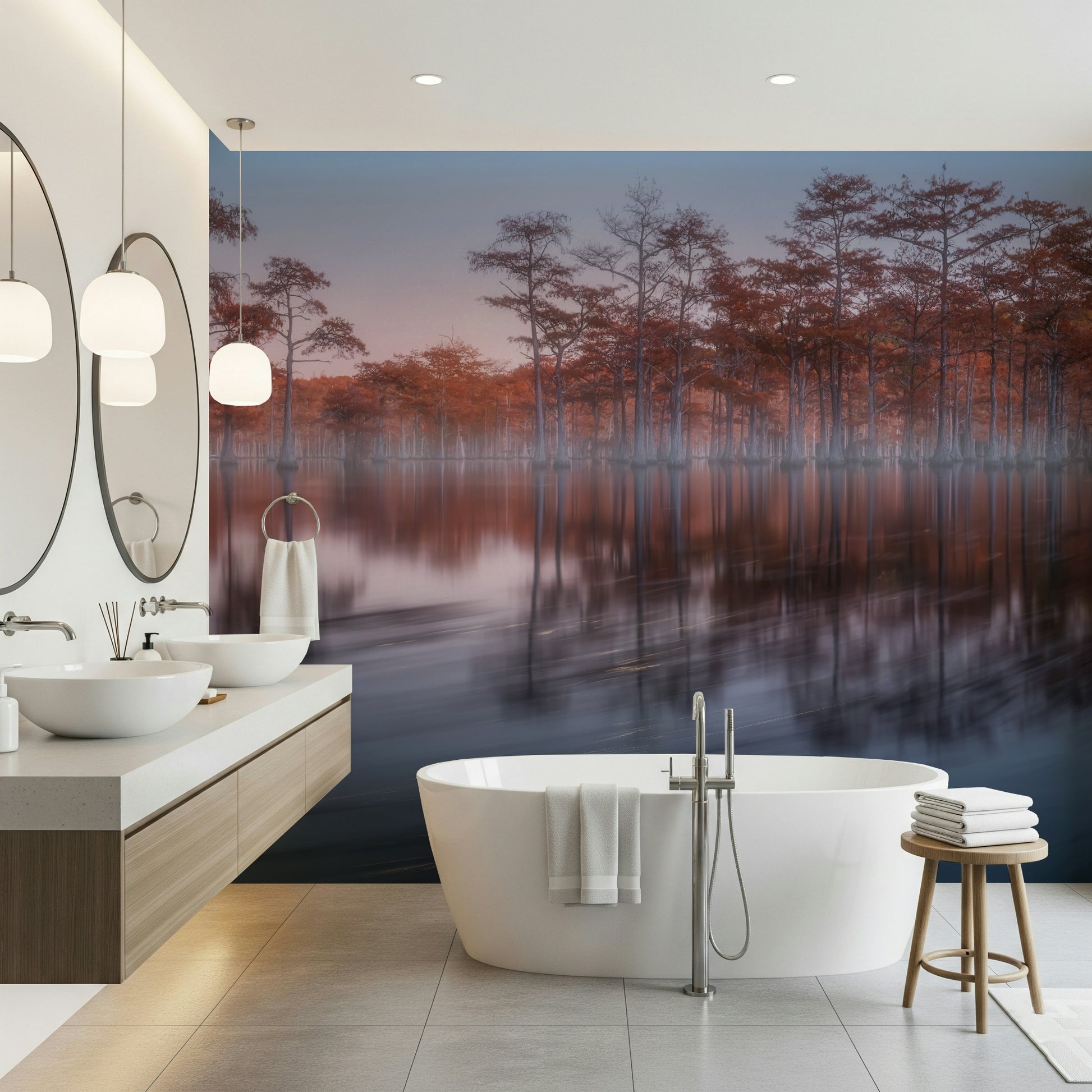 Woodland wall mural, serene forest reflection, tranquil water surface, peaceful photo.