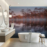 Woodland wall mural, serene forest reflection, tranquil water surface, peaceful photo.