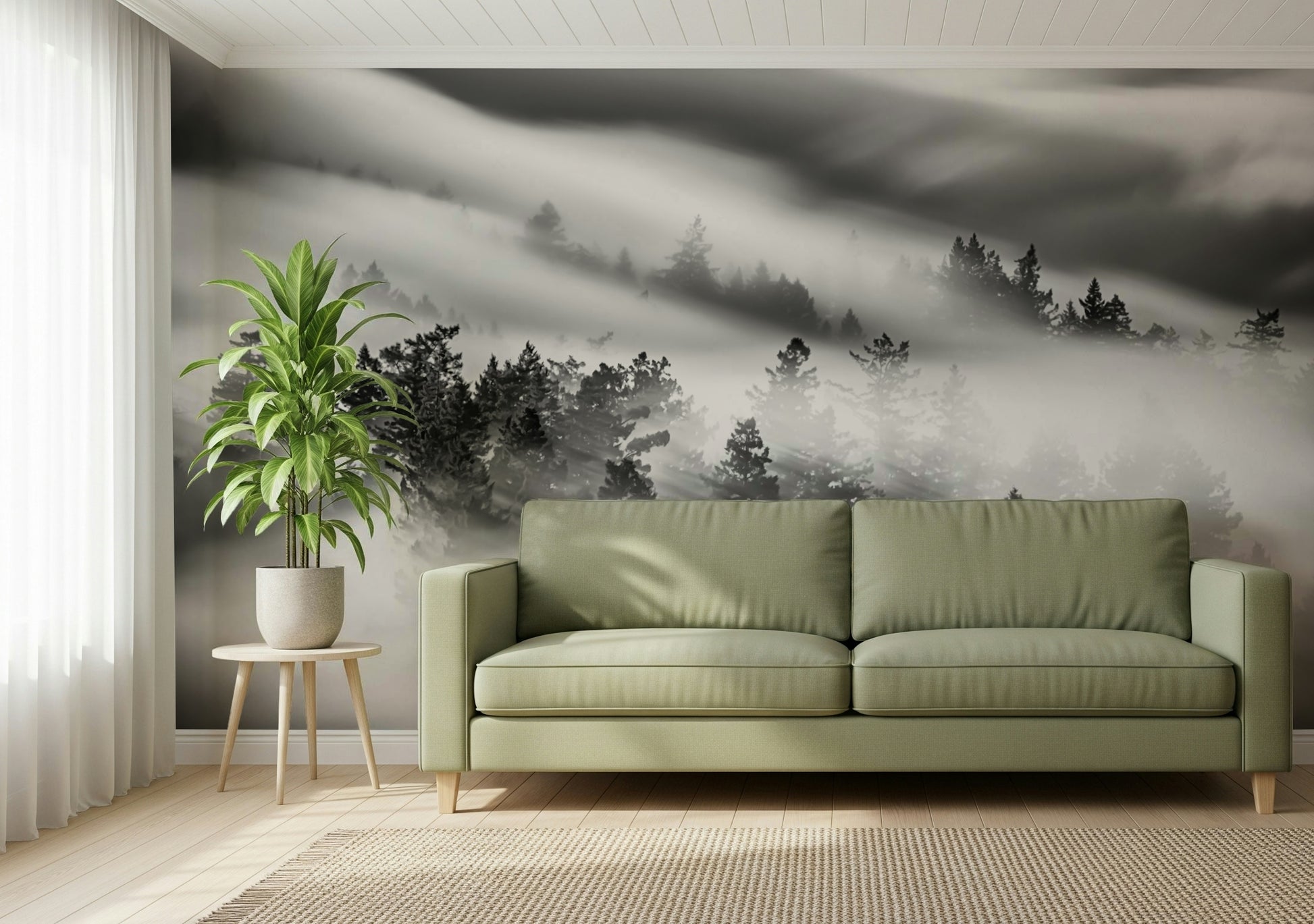 Scenic Velocity wall mural, deep forest covered in vapor, compelling nature view.