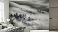 Dramatic Woodland Mist wallpaper, black white landscape, dense woodland, low visibility.