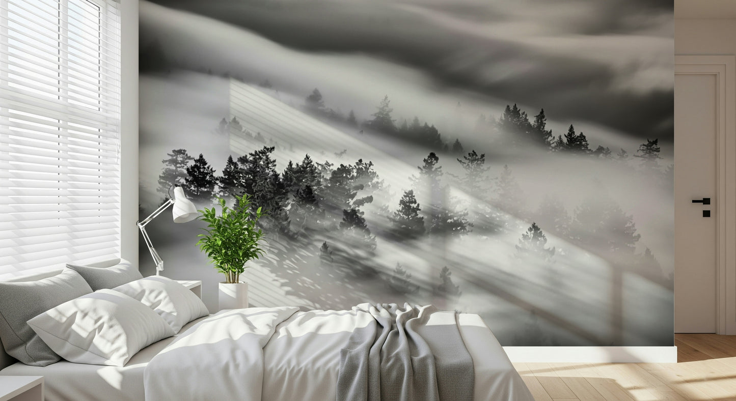 Artistic Velocity wall mural, long exposure photography, misty hillside, powerful visual.