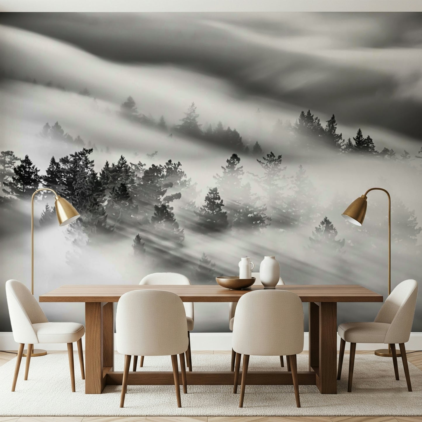 Velocity wall mural, monochrome photo of trees, moving clouds, dramatic atmosphere.