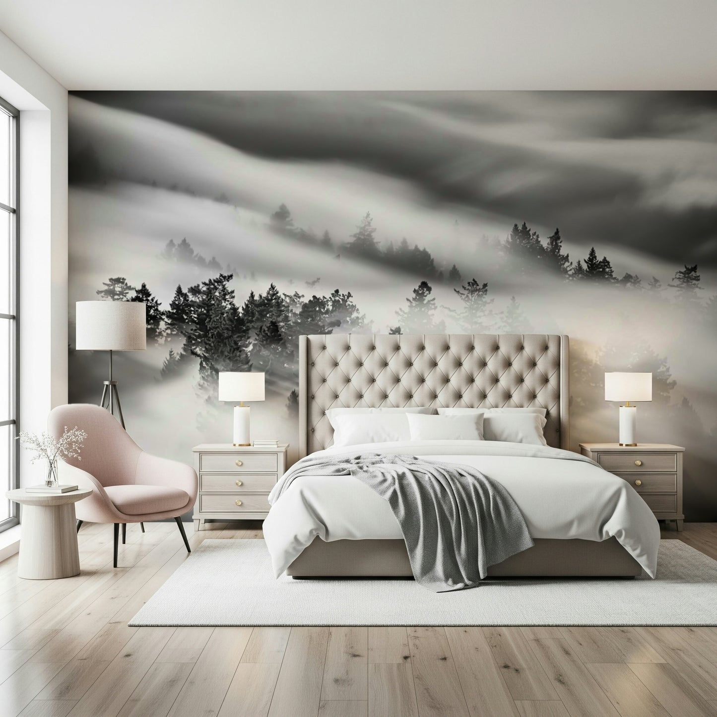 Monochromatic Woodland Mist wallpaper, foggy evergreen trees, sunbeams breaking through.